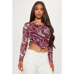 Crave Fame Abstract Print Asymmetrical Mesh‎ Top Wine Stretch Size Large RefFNB